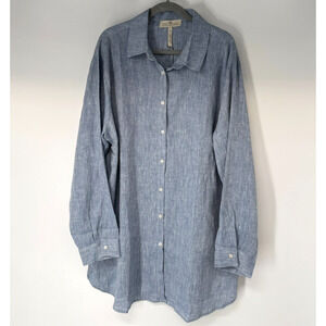 NWT Crown Linen Designs Shirt Dress Women 2 Blue Long Sleeve Coastal Oversized